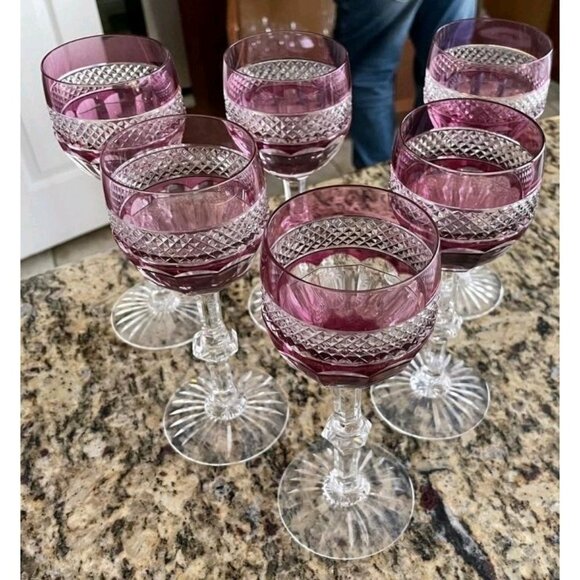 6 ST LOUIS TRIANON AMETHYST PURPLE SIGNED HOCK WINE 7 1/8" TALL CUT CROSS HATCH - Picture 10 of 11